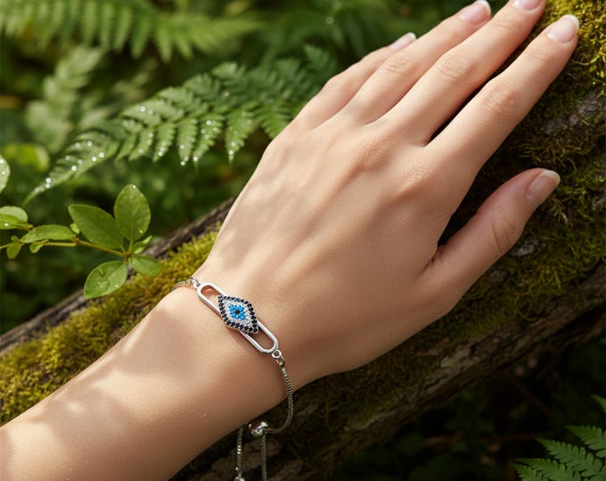 Evil Eye Adjustable Bracelet – Silver Slider Bracelet – Minimalist Protection Jewelry