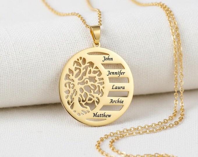 Personalized Family Tree Necklace, Custom Name Pendant, Stainless Steel Jewelry