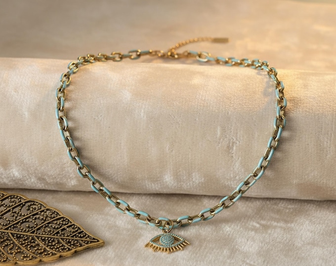 Gold Turquoise Evil Eye Necklace – 18K Plated Stainless Steel Chain – Protective Statement Jewelry
