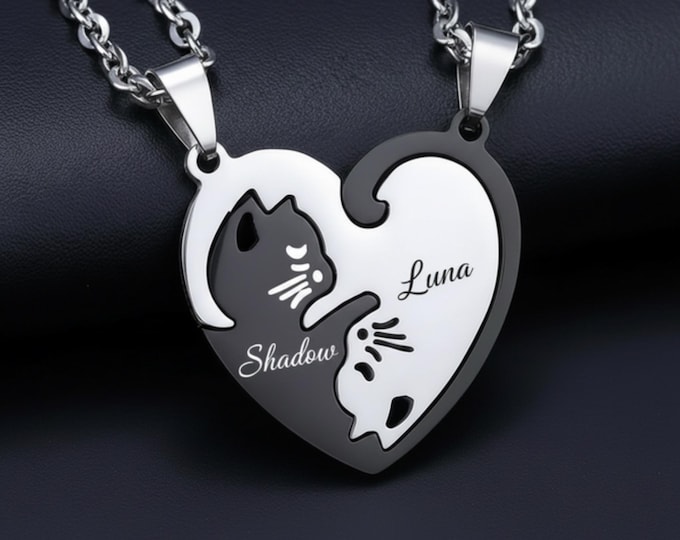 Personalized Cat Heart Necklace, Matching Couple Pendant, Pet Lover Jewelry