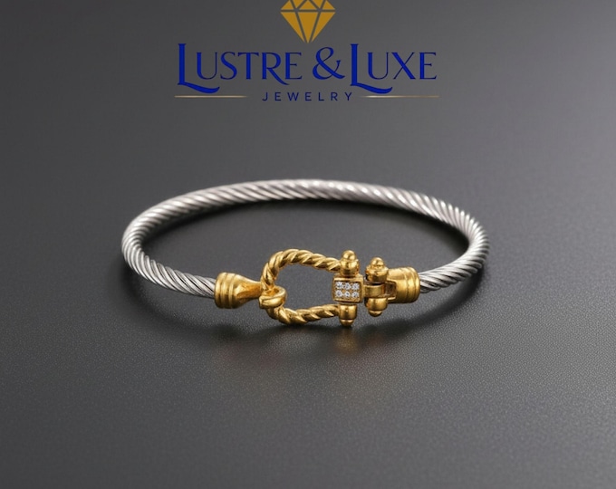 Two-Tone Cable Cuff Bracelet, Gold Silver Clasp, Crystal Accents, Timeless Style