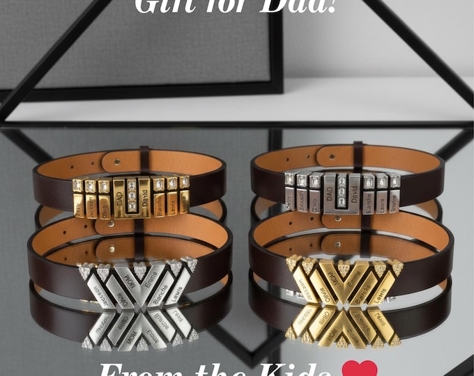 Personalized Leather Name Bracelet for Dad, Custom Family Engraved Jewelry