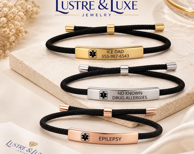 Personalized Medical ID Bracelet, Custom Engraved Medical Alert Bracelet, Adjustable Rope Bracelet, Allergy Diabetes Epilepsy ID
