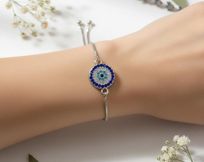 Evil Eye Adjustable Bracelet – Silver Slider Bracelet – Protection Jewelry