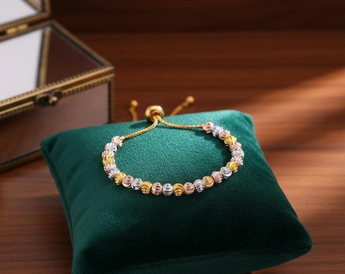 3 Tone Gold Beaded Bracelet – Adjustable Stainless Steel Jewelry – Minimalist Style