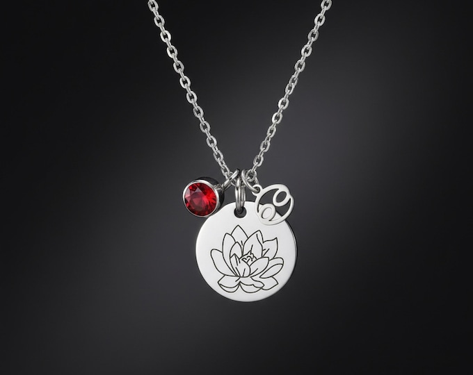 Personalized Silver Birth Flower Necklace with Birthstone & Zodiac Charm – Custom Engraved Pendant