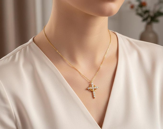 Cubic Zirconia Cross Necklace, Gold Silver Christian Pendant, Faith Jewelry Gift for Her