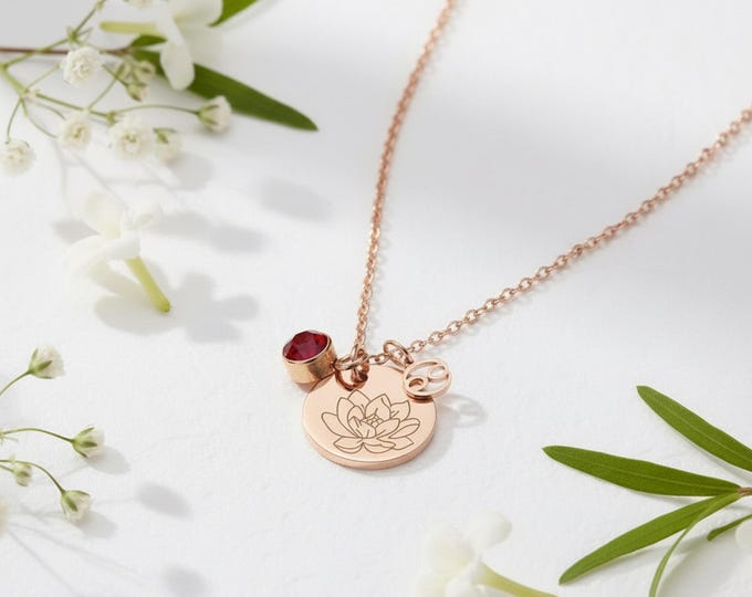 Personalized Rose Gold Birth Flower Necklace with Birthstone - Custom Engraved Pendant