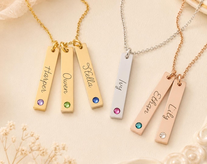 Custom Name Birthstone Vertical Bar Necklace - Family Necklace Engraved Multiple Names Grandma Gift - Mothers Day Gift For Mom -New Mom Gift