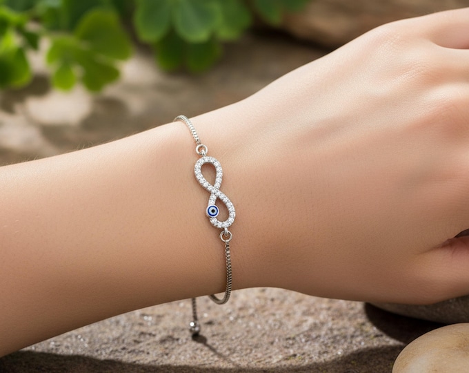 Infinity Evil Eye Bracelet – Adjustable Silver Slider Bracelet – Protection Jewelry