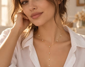 Gold Clover Necklace, Four Leaf Clover Y Lariat Necklace, CZ Long Drop Necklace, Dainty 18K Gold Plated Jewelry for Women