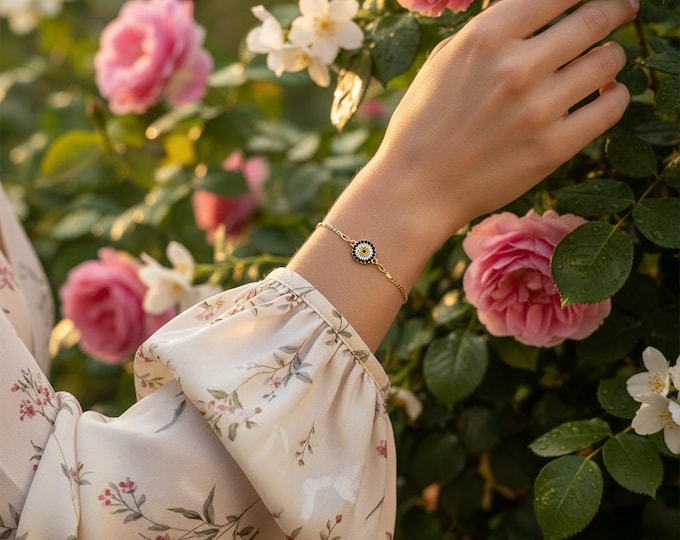 Sterling Silver Evil Eye Bracelet, Gold Vermeil Figaro Chain, Protection Jewelry