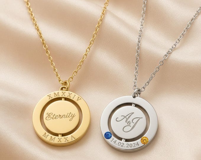 Personalized Spinning Disc Necklace Custom Engraved Photo Necklace Pet Memorial Necklace, Fingerprint Necklace, Gold Silver Stainless Steel