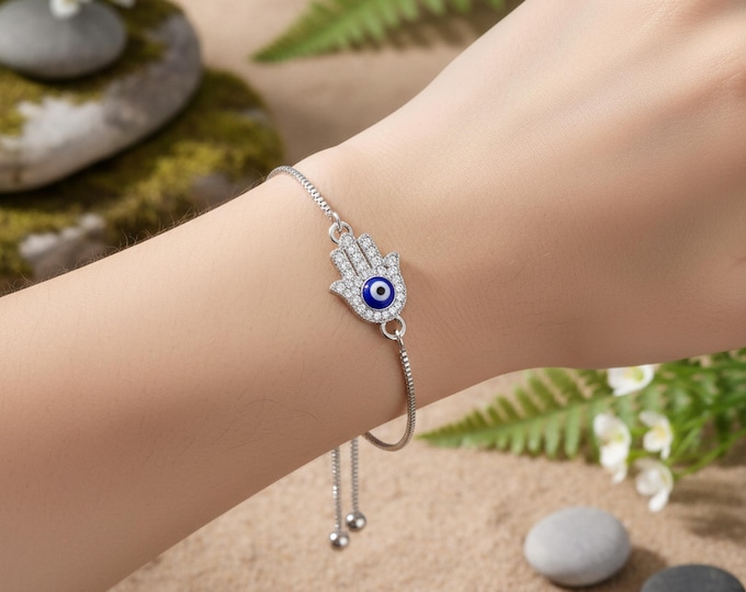 Hamsa Evil Eye Bracelet – Adjustable Silver Slider Bracelet – Protection Jewelry