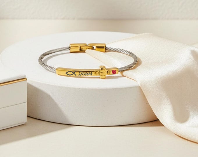 Personalized Engraved Christian Cross Two-Tone Cable Bangle Bracelet, Gold Silver Faith Jewelry