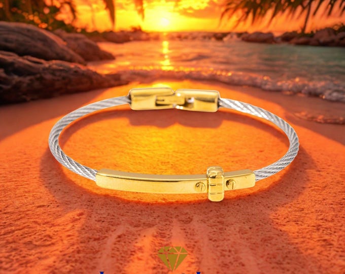 Christian Cross Two-Tone Cable Bangle Bracelet, Gold Silver Faith Jewelry