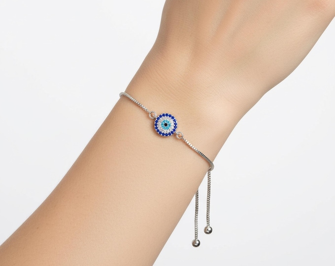 Small Evil Eye Bracelet – Adjustable Silver Slider Bracelet – Minimalist Protection Jewelry