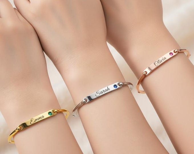 Personalized Birthstone Bangle Bracelet, Engraved Name Bracelet, Custom Stainless Steel Bracelet, Gift for Her