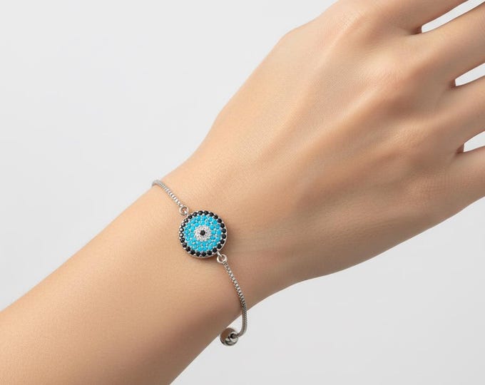 Evil Eye Bracelet – Adjustable Silver Slider Bracelet – Protection Jewelry