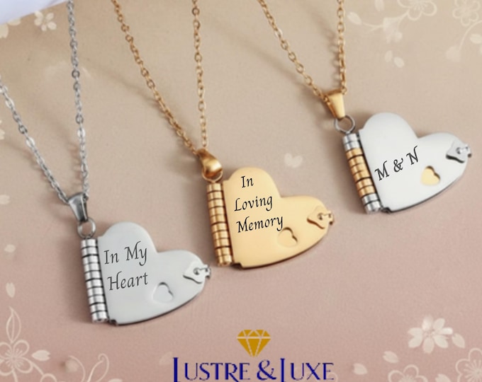 Personalized Heart Locket Necklace, Custom Engraved Stainless Steel Keepsake, Memorial Gift for Her