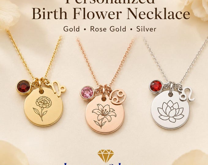 Personalized Birth Flower Necklace, Custom Name Necklace with Birthstone, Zodiac Charm Necklace, Gold Rose Gold Silver Gift