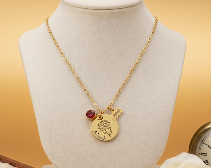 Personalized Gold Birth Flower Necklace with Birthstone & Zodiac Charm – Custom Engraved Pendant