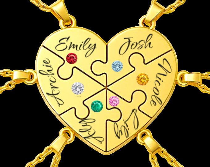 Personalized Heart Puzzle Necklace with Names and Birthstones, Custom Family Jewelry