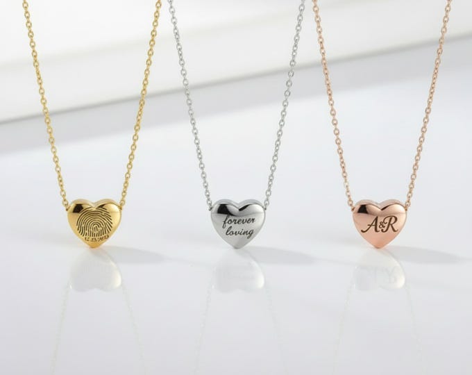 Personalized Fingerprint Heart Necklace, Custom Engraved Memorial Jewelry, Gold Silver Rose Gold