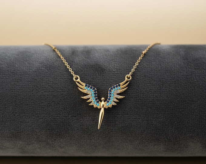 Angel Wing Necklace with Turquoise – 18K Gold Plated Stainless Steel Protection Jewelry