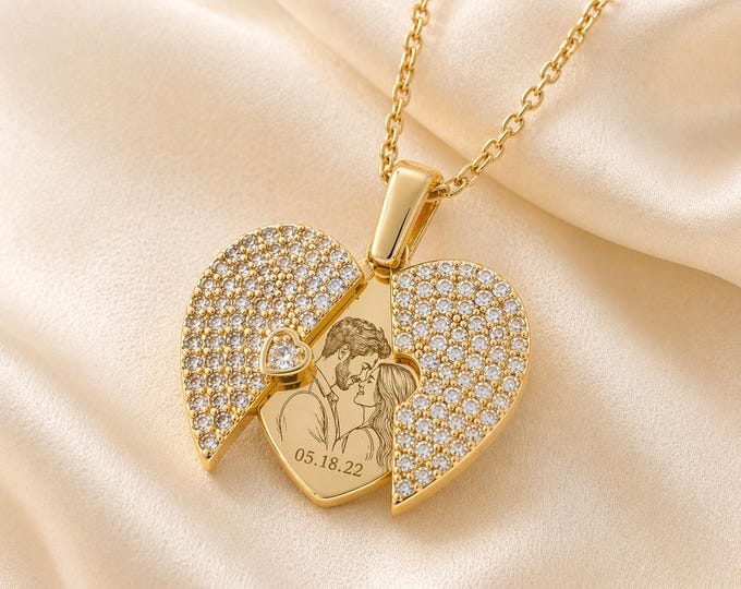 Personalized Heart Wing Locket Necklace, Engraved CZ Pendant, Memorial Jewelry