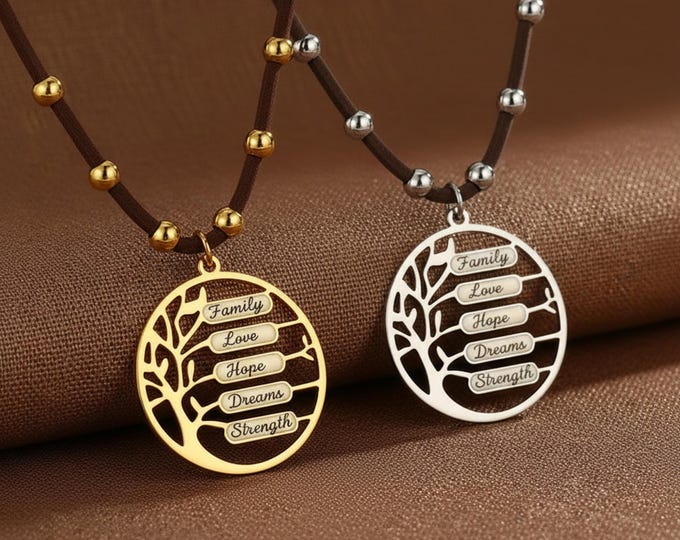 Personalized Family Tree Necklace, Custom Engraved Names, Stainless Steel Pendant