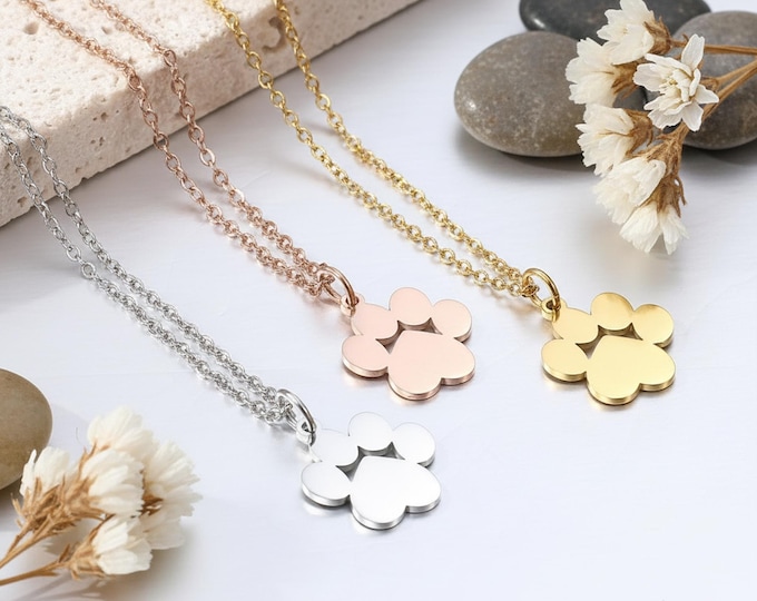 Personalized Paw Print Necklace, Custom Pet Name Jewelry, Stainless Steel Memorial Gift