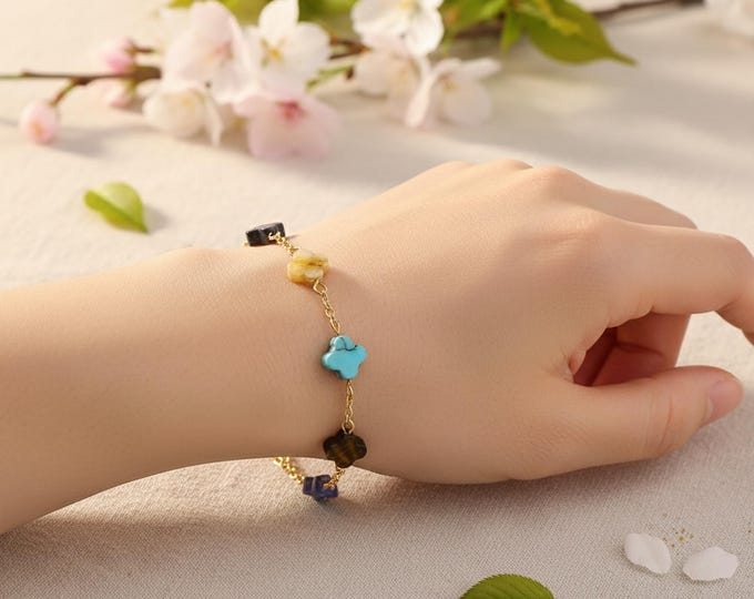 Clover 7 Chakra Bracelet – Natural Stone Healing Jewelry – Gold Adjustable Bracelet