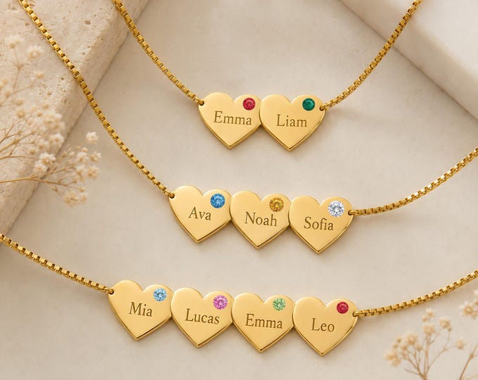 Custom Name Hearts Necklace, Mother's Day Gift, Gift for Mom, Engraved Hearts Pendant, Christmas Gift for Her, Gift for Grandma, Mom's Gift