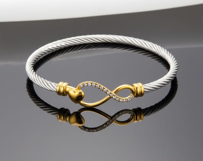 Two-Tone Infinity Heart Cuff Bracelet, Crystal Accents, Mixed Metal Bangle