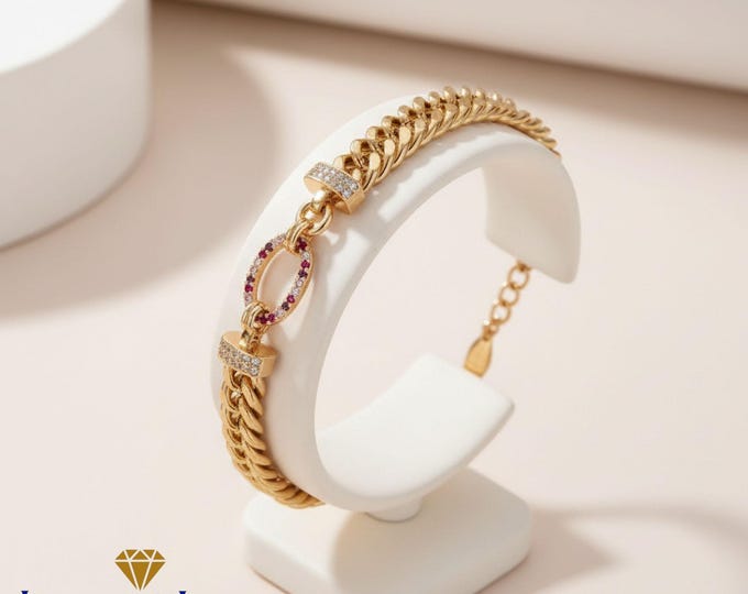 18K Gold Plated Cuban Link Bracelet with Crystal Oval Connector – Adjustable Chain Jewelry