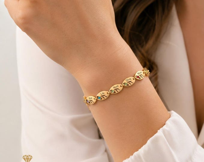 Personalized Birthstone Bracelet, Custom Engraved Name Bracelet, 6 Name Leaf Bracelet, Family Birthstone Jewelry, Mom Grandma Gift