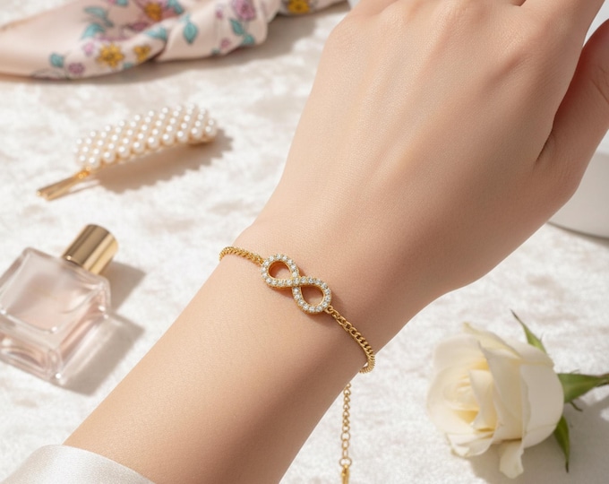 Infinity Bracelet, Solid 925 Sterling Silver – 18K Gold Vermeil Curb Chain – Forever Love Bracelet