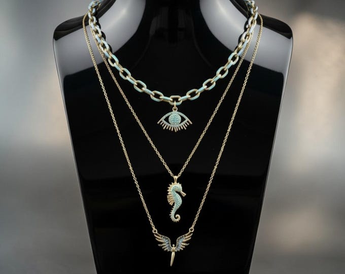 Gold Necklace Set – Evil Eye Necklace Set – Angel Wing Necklace – Seahorse Necklace – Layered Jewelry Set – 18K Gold Plated – Gift for Her