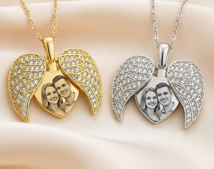 Personalized Angel Wing Heart Necklace, Custom Engraved Memorial Pendant, Couple Photo Necklace, Gold Silver CZ Wing Necklace