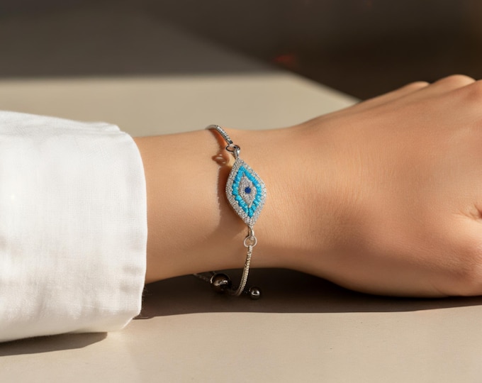 Marquise Evil Eye Adjustable Bracelet – Silver Slider Bracelet – Protection Jewelry