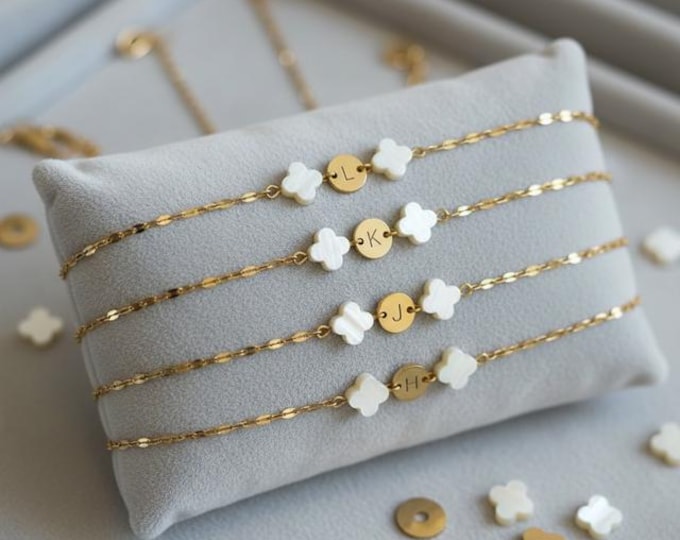 Mother of Pearl Clover Initial Bracelet, Gold Plated Stainless Steel