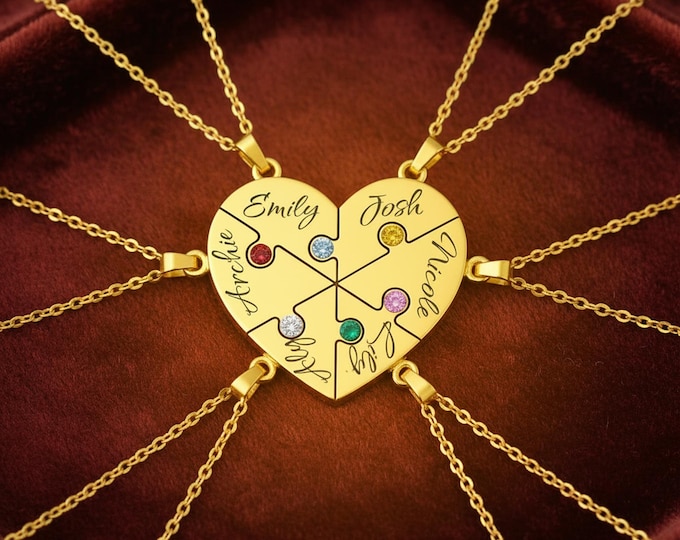 Personalized Heart Puzzle Necklace with Names and Birthstones, Custom Family Jewelry