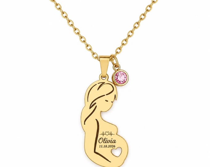 Personalized Baby Heartbeat Necklace, Pregnancy Mom Necklace, Custom Name Due Date Necklace, Birthstone Charm, Baby Shower Gift Push Present