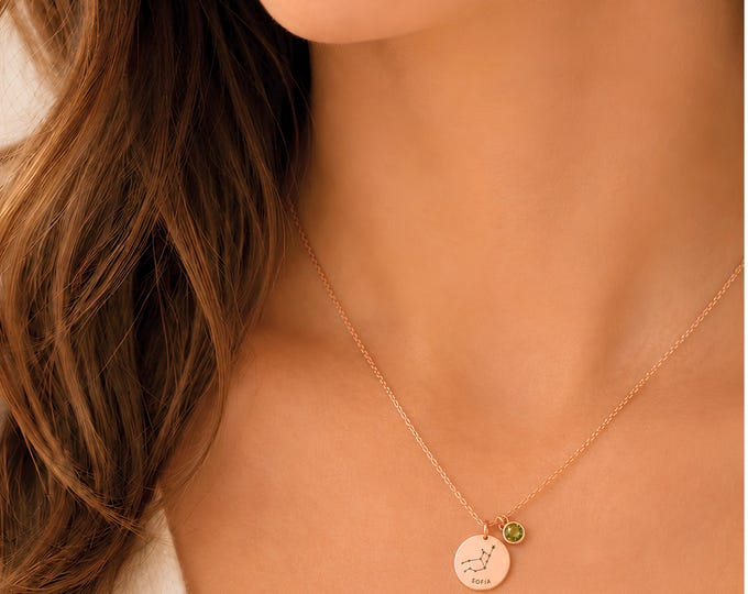 Personalized Zodiac Birth Flower Necklace, Custom Name Constellation Necklace with Birthstone, Double Sided Pendant, Birthday Gift for Her