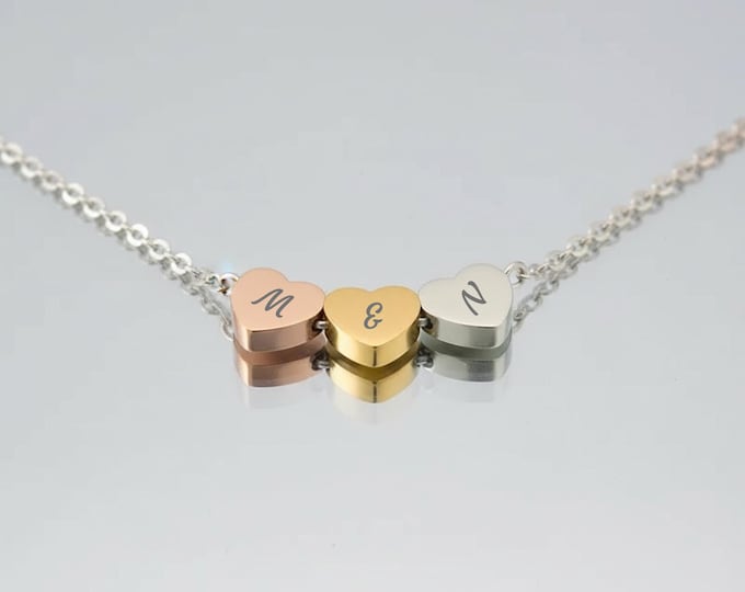 Personalized 3 Heart Necklace – Custom Initials, Gold Silver Rose Gold, Minimalist Jewelry