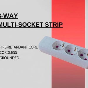 May include: A white 3-way multi-socket strip with a cordless, grounded design and a fire-retardant core. The text on the image reads: 3-WAY MULTI-SOCKET STRIP, FIRE-RETARDANT CORE, CORDLESS, GROUNDED. The device features three circular electrical outlets.