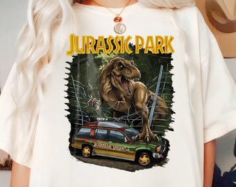 Jurassic Park T-Rex Vintage Graphic Tee, Dinosaur Movie Shirt, Retro Jurassic Park SUV Design, Unisex Oversized Tee, Gift for Fans