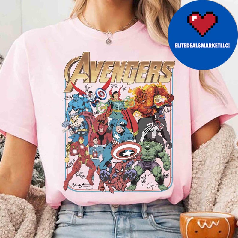 Retro Disney Marvel Avengers Signature Shirt, Spiderman Hulk Iron Man Characters Tee, Disney Superhero, Marvel Comics Book, WDW Family Trip bild 2