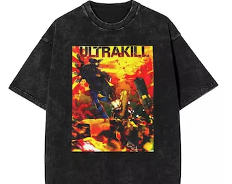 Camiseta Ultrakill Mineral Wash, camiseta retro con estampado de acción de robot V1, camiseta con estética de videojuegos vintage, top urbano con efecto desteñido.